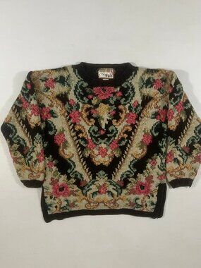 Vintage 90s Crystal-Kobe Black Floral Tapestry Knit Baroque Sweater S/P